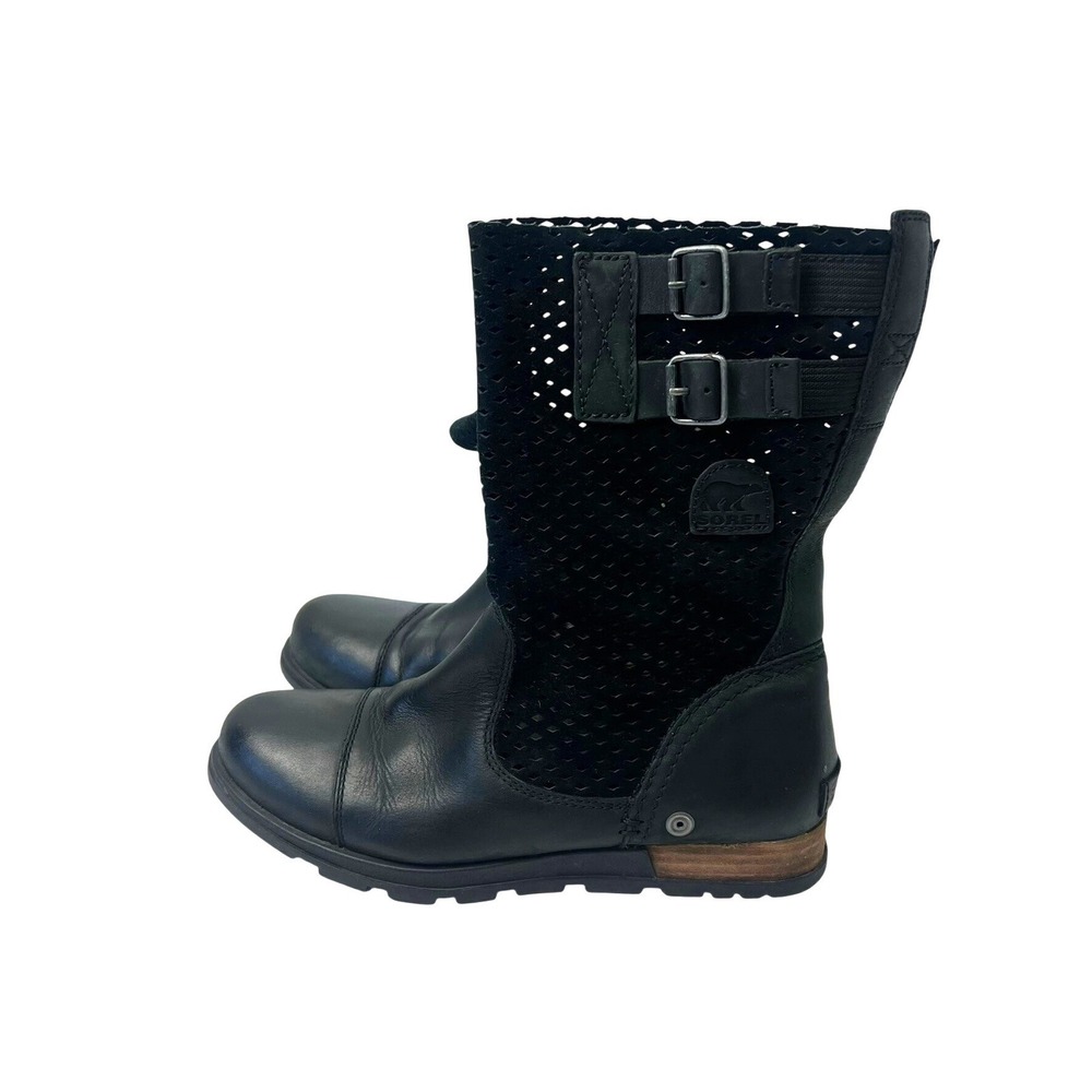 Sorel Major Womens Black Leather Perforated Buckle Moto Boots Size 8 Indie Moto
